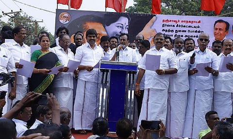 Former AIADMK minister S Semmalai addressing the party members in Thanjavur on Wednesday 