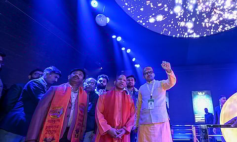 Uttar Pradesh Chief minister Yogi Adityanath during inspection of preparations for the Mahakumbh (PTI)