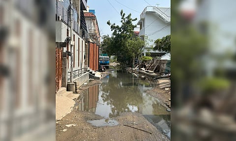 Sewage flows on 21st Street of Krishna Nagar in Maduravoyal 
