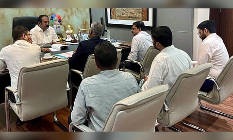 Minister Thangam Thennarasu interacting with officials of the Finance Department (file photo)