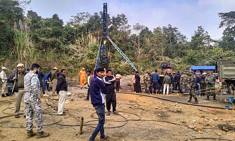 Rescue operation underway to save labourers trapped inside a coal mine, at Umrangso area, in Dima Hasao district, Assam (PTI)