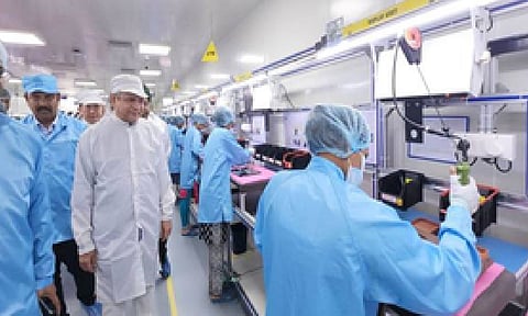 Union Minister of Electronics and IT, Ashwini Vaishnaw, inaugurating Syrma SGS Technology’s state-of-the-art laptop assembly line on Friday (IANS) 