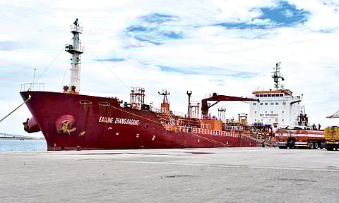 A cargo vessel handling edible oil is berthed at VOC Port 