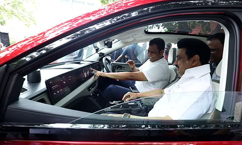 M K Stalin flagged off the test drive of Mahindra's electric SUV Car
