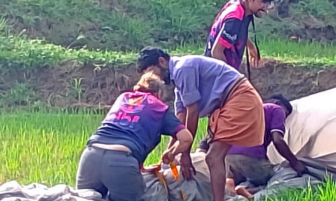 A giant hot air balloon landed on a farm is being wrapped