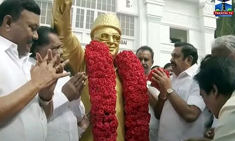 Edappadi K Palaniswami along with senior leaders paid floral tributes to party founder and former chief minister M G Ramachandran’s statue 