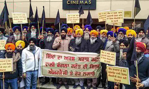 Members of Shiromani Gurdwara Parbandhak Committee (SGPC) stage a protest against the release of Kangana Ranaut's film 'Emergency' in Amritsar (PTI)