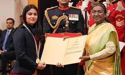 President Droupadi Murmu presents Major Dhyan Chand Khel Ratna Award to Olympic-medallist shooter Manu Bhaker during the National Sports and Adventure Awards 2024 function at the Rashtrapati Bhavan (PTI)