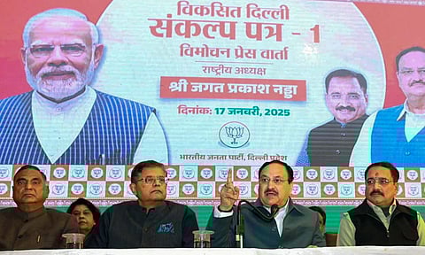 BJP National President JP Nadda with party leaders addresses the media during the launch of 'BJP Sankalp Patra Part-I' for Delhi Assembly elections, in New Delhi (PTI) 