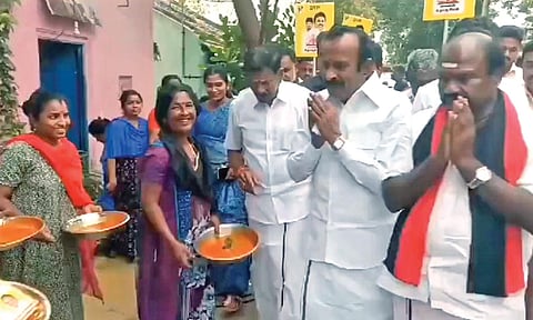 Minister S Muthusamy campaigning for DMK candidate VC Chandhirakumar on Saturday 