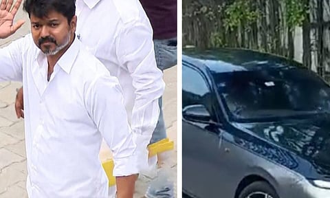 Vijay left his Neelankarai residence Monday morning to meet with the Parandur protestors (Thanthi TV)