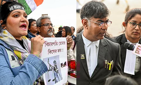 People stage a protest near the Sealdah court; Lawyer speak to the media after Sanjay Roy, who was convicted in the rape and murder of an on-duty doctor at the R G Kar Medical College and Hospital, was sentenced to life imprisonment until death by a Kolkata court (PTI)