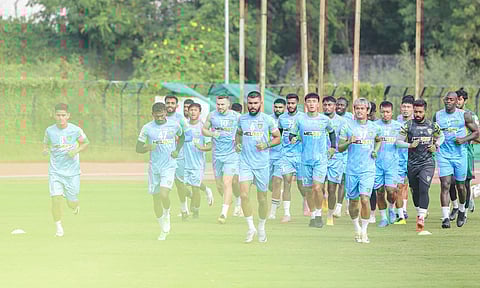 Chennaiyin FC players during a training session ahead of the match 