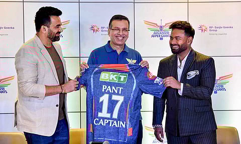 Lucknow Super Giants (LSG) owner Sanjiv Goenka with LSG captain for the IPL 2025 Rishabh Pant and mentor Zaheer Khan at an event, in Kolkata, Monday, Jan. 20, 2025 (PTI) 