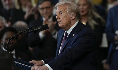 President Donald Trump gives his inaugural address during the 60th Presidential Inauguration in the Rotunda of the U.S. Capitol in Washington (AP)