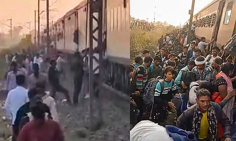 People at the site following the death of several passengers after they stepped down due to a rumour of fire and were run over by another train passing on the adjacent tracks, in North Maharashtra's Jalgaon district, Wednesday, Jan. 22, 2025 (PTI) 