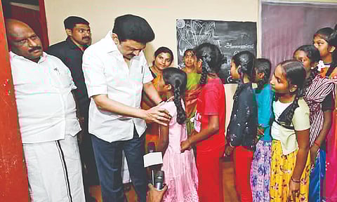 Chief Minister MK Stalin inspecting Adi Dravida Welfare Department school in Karaikudi on Wednesday