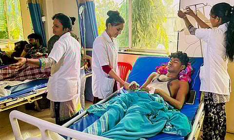 An injured being treated at a hospital a day after a train mishap, in Jalgaon district, Maharashtra (PTI) 