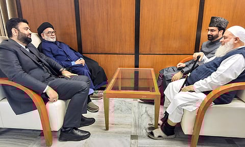Mirwaiz Umar Farooq, left, the religious head of Kashmir, with Maulana Rehmatullah of Bandipora waits to appear before the parliamentary panel on Waqf Amendment Bill (PTI)