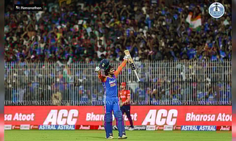 Tilak Varma celebrates after India won the second T20 cricket match against England, at M.A. Chidambaram Stadium, in Chennai ( Photo: Hemanathan M )