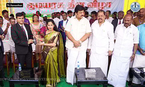 Chennai Mayor R Priya distributes digital walkie talkies to corporation staff (Photo: Hemanathan M)
