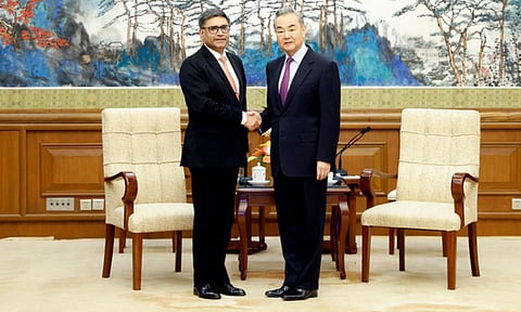 Chinese Foreign Minister Wang Yi and India's Foreign Secretary Vikram Misri during a meeting (PTI)
