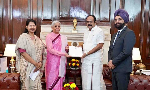 Minister Thangam Thennarasu submitting a memorandum to Union Finance Minister Nirmala Sitharaman on Monday