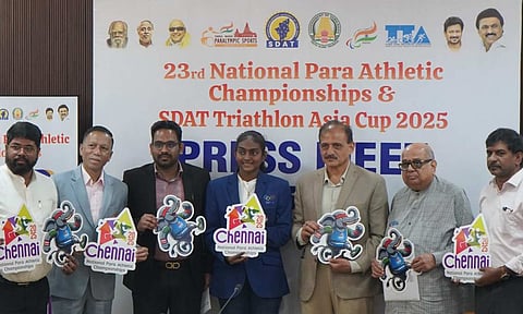 General Secretary of Indian Paralympic Committee Jayavanth Gundu, Secretary of Tamil Nadu Paralympic Sports Association Kripakara Raja, President of Tamil Nadu Triathlon Association Ramachandran, Paris Paralympic silver medalist Thulasimathi Murugesan, Additional Chief Secretary Atulya Misra and Member Secretary Meghanathan Reddy are seen during the event