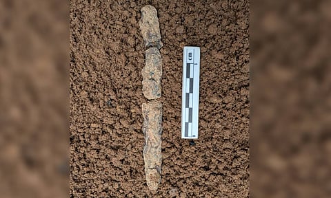 A team of archaeologists has unearthed a 13-centimetre-long iron knife at Marungur in Cuddalore district (X) 