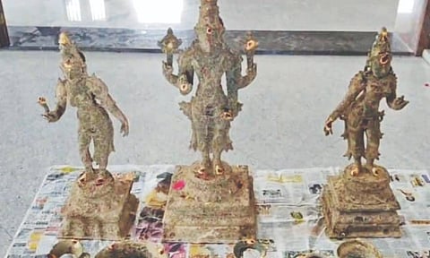 Three panchaloha idols were unearthed in Tiruchy while digging the ground for constructing a water tank