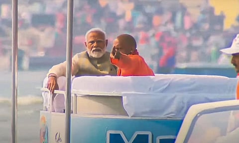 Prime Minister Narendra Modi with Uttar Pradesh Chief Minister Yogi Adityanath during a visit to Maha Kumbh Mela, in Prayagraj (PTI)