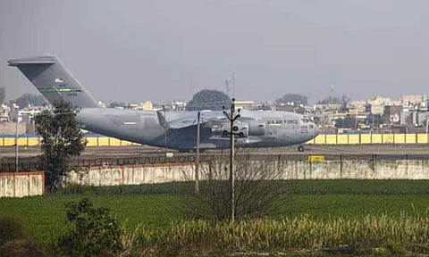 The US military aircraft carrying illegal Indian immigrants at the Shri Guru Ramdas Ji International Airport in Amritsar on Wednesday afternoon (PTI)