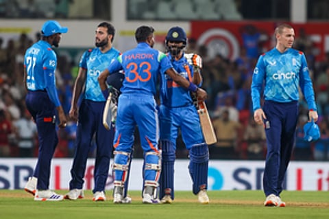 India team celebrate after winning the first ODI against England 