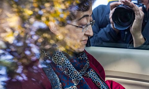Delhi Chief Minister and Aam Aadmi Party (AAP) candidate from Kalkaji constituency Atishi arrives at the residence of the party's chief and candidate from New Delhi constituency Arvind Kejriwal (PTI) 