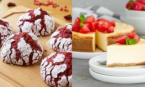 Red velvet crinkle cookies; Homemade cheesecake with fresh strawberries