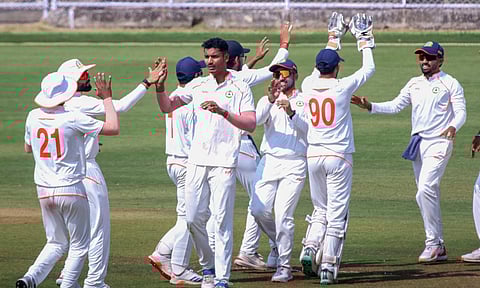 Vidarbha team celebrate after picking a wicket (PTI) 