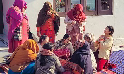 Relatives of Army's Naik Mukesh Singh Manhas mourn while waiting for his mortal remains, in Samba district, Jammu and Kashmi (PTI) 