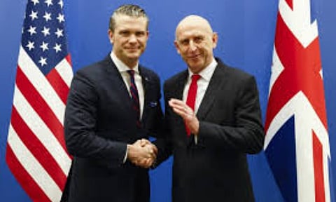 United States Secretary of Defense Pete Hegseth, left, shakes hands with Britain's Defense Secretary John Healey (AP)