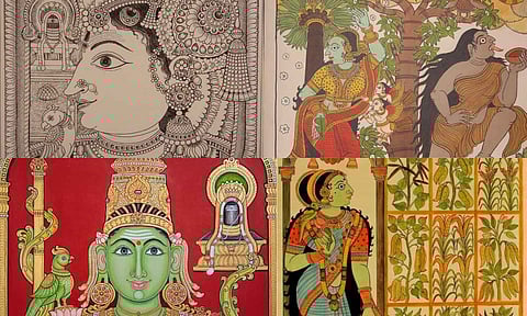 L to R: Nayak art, Shilpashastra painting of Meenakshi, One of her Chitrakathi arts, Panchali in Chitrakathi