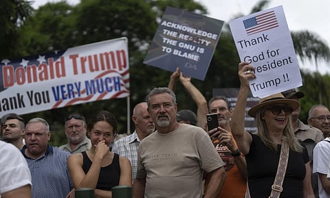 White South Africans demonstrate in support of U.S. President Donald Trump in front of the U.S. embassy in Pretoria