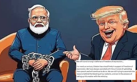The digital magazine of Vikatan, published a cover cartoon (Feb 10, Monday) highlighting the issue of Indians being handcuffed and deported from the US while PM Modi remained silent on the matter (X) 