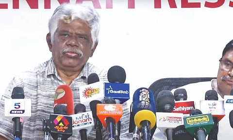 Former High Court judges Chandru and Hariparanthaman at the Chennai Press Club on Monday