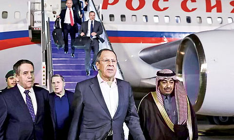 Russian Foreign Minister Sergey Lavrov (centre) arriving in Riyadh for the US-Russia talks over Ukraine