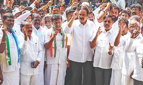 PMK president Anbumani Ramadoss at the protest seeking caste survey on Thursday 