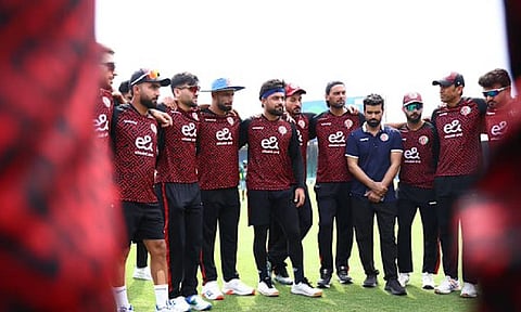 Afghanistan team during a team hurdle before the match (X/@icc)