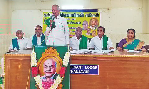 One of the office-bearers of Tamilaga Vivasayigal Sangam addressing the state conference in Thanjavur