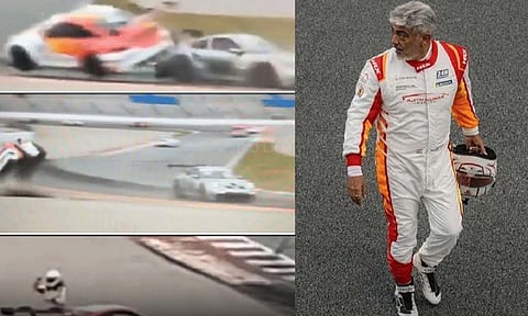 Ajith’s car can be seen toppling twice after the crash while the actor is seen walking out of the vehicle unscathed (Daily Thanthi)