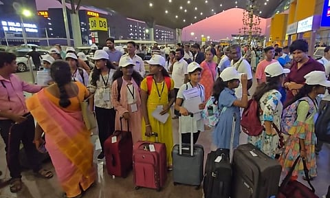 Students and teachers departed from Chennai International Airport to Kuala Lumpur on Sunday night 