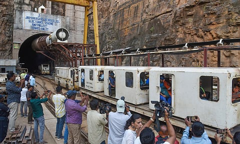 Rescue operation underway to extricate eight persons who have remained trapped for over 30 hours inside a tunnel after a section of it collapsed in the SLBC project (PTI)