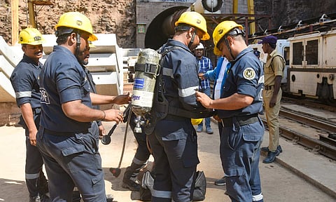 Rescue team at the Srisailam Left Bank Canal (SLBC) project site where a portion of the tunnel collpased, in Nagarkurnool (PTI) 
